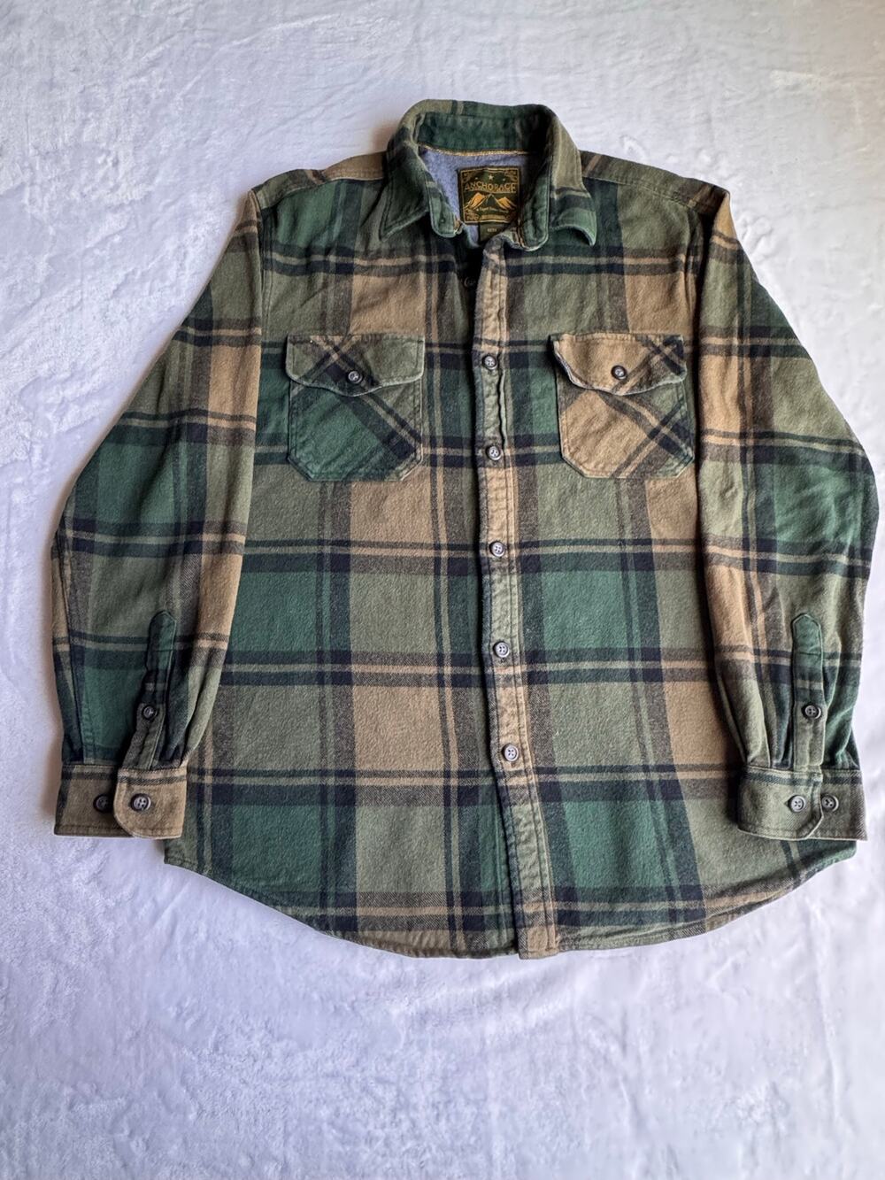 Anchorage Expedition Brand Mens M Green Beige Plaid Heavyweight Flannel Shirt